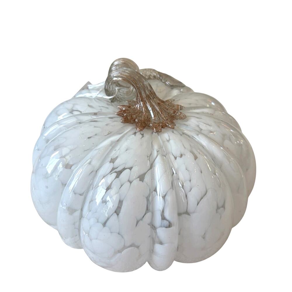 Shabby Chic Hand Blown Art Glass White Pumpkin Amber Stem 8" Chic Fall Decor NEW - Picture 4 of 10